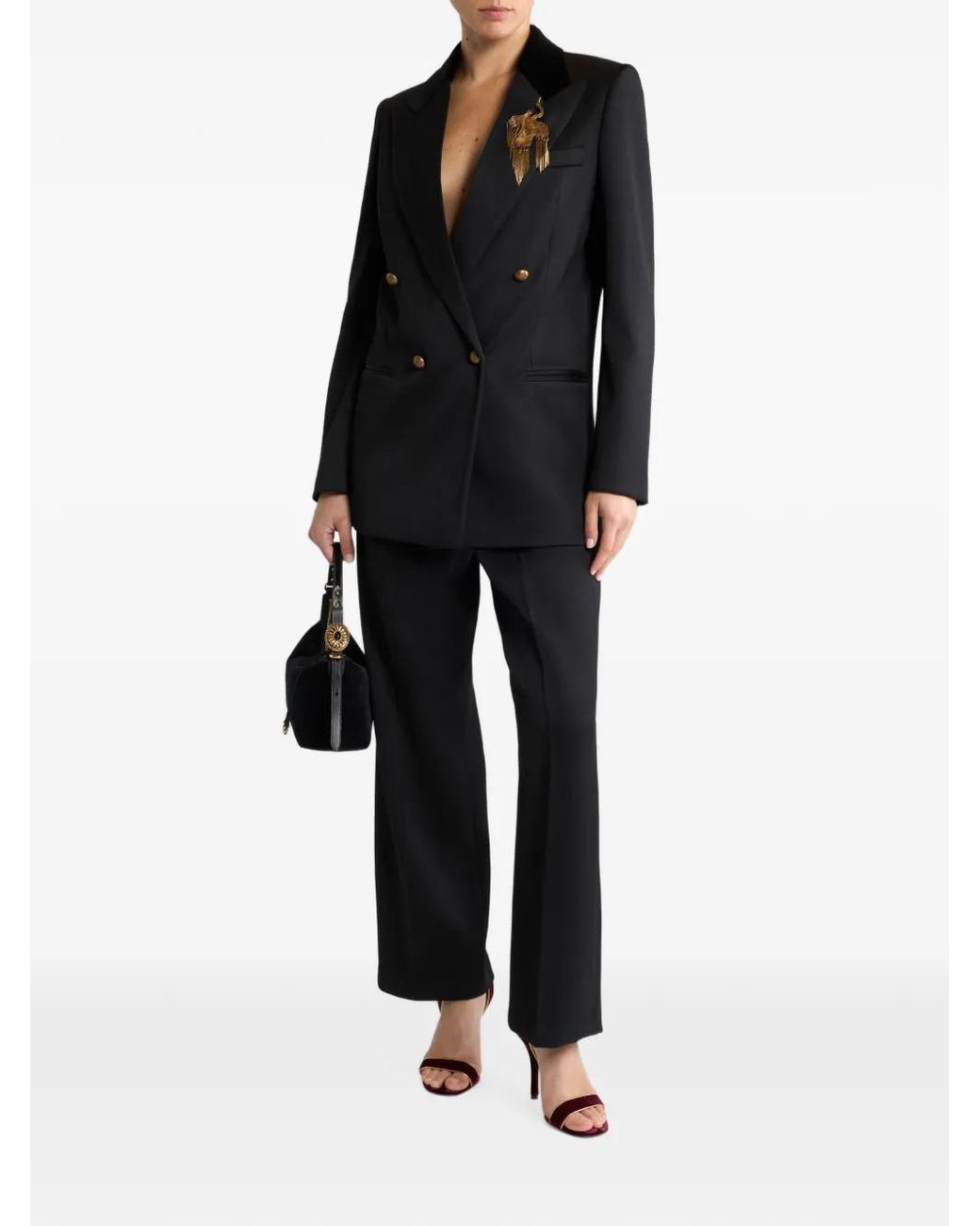 Etro Black Double-Breasted Wool Jacket With Velvet Insert