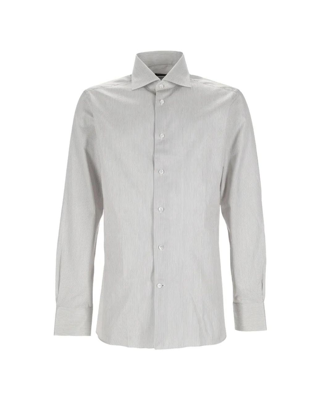 Zegna Gray Vertical-Stripe Long-Sleeved Shirt for men