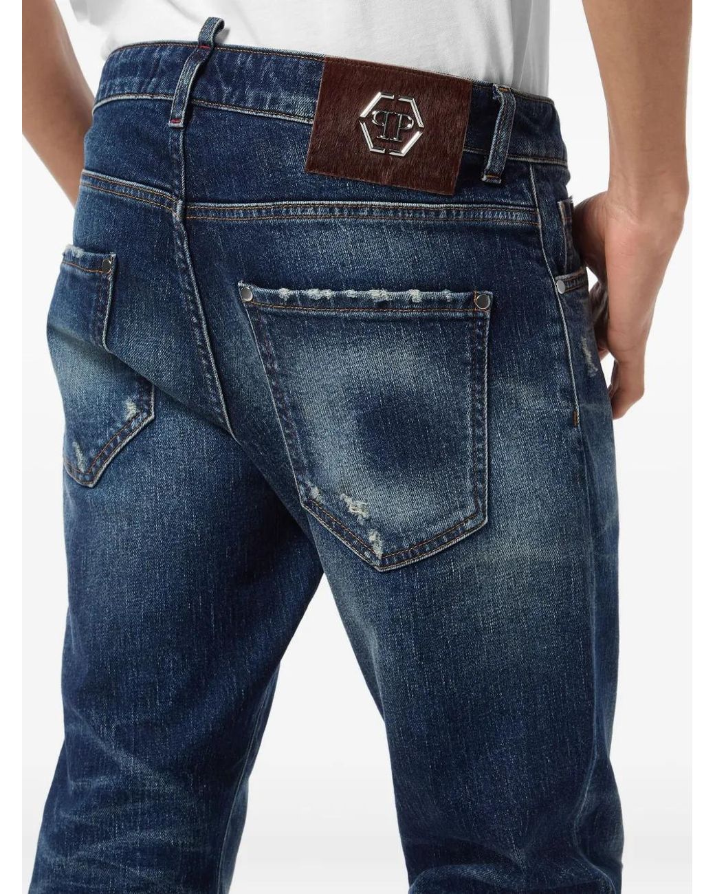 Philipp Plein Blue Distressed Logo-Plaque Jeans for men