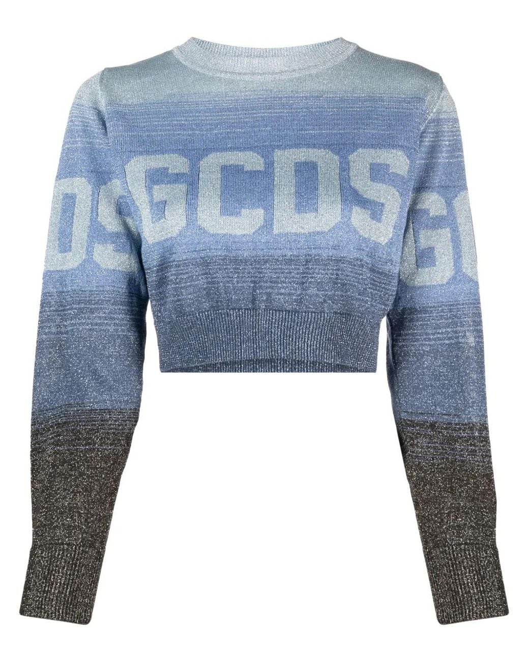 Gcds Blue Intarsia-Knit Logo Cropped Jumper