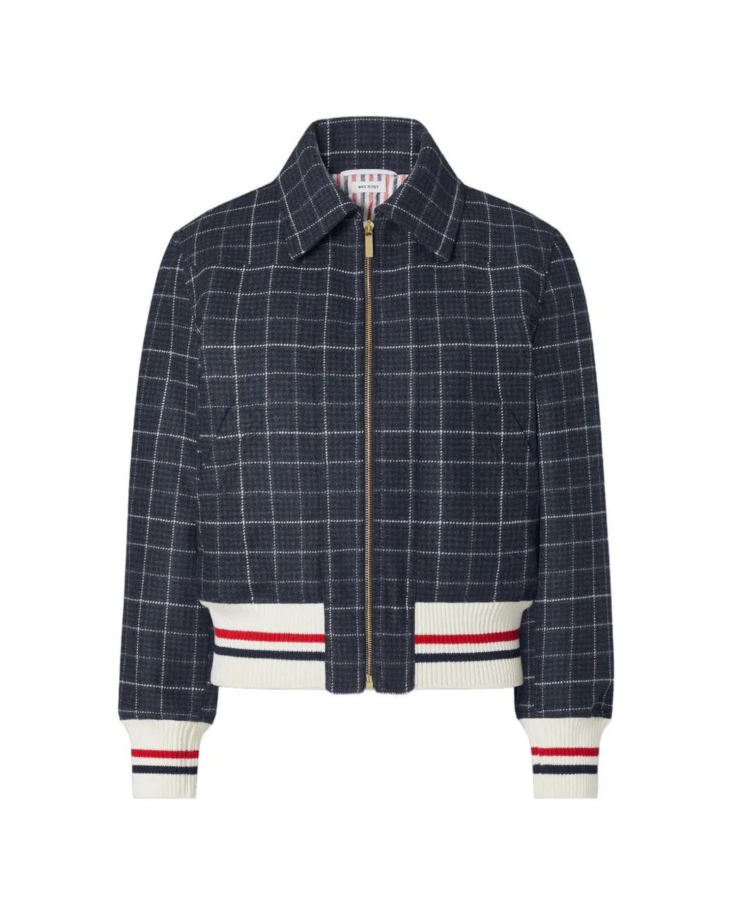 Thom Browne Blue Windowpane Houndstooth Teviot Tweed Cropped Flight Jacket
