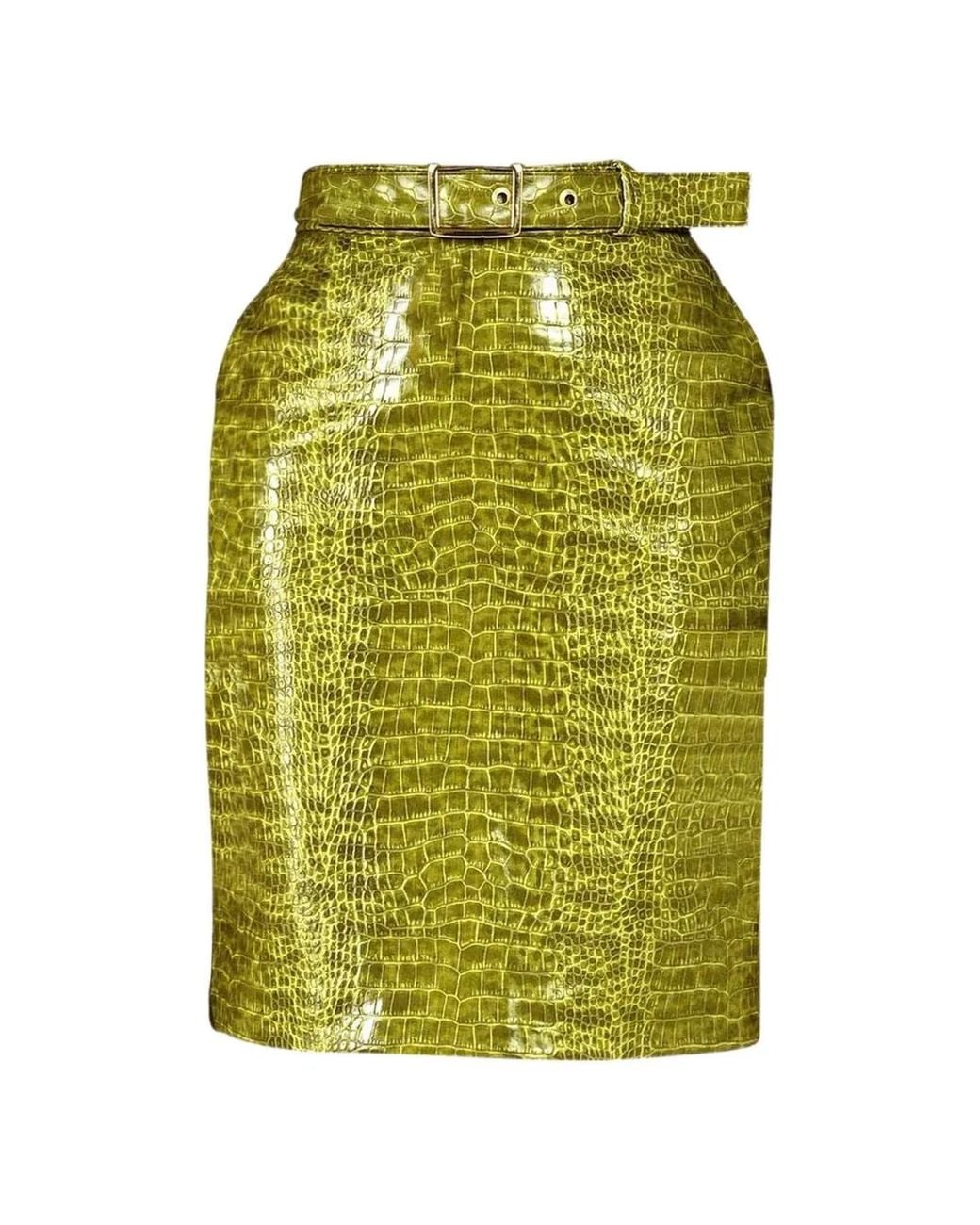 ROWEN ROSE Green Croc-Effect Belted Mini Skirt