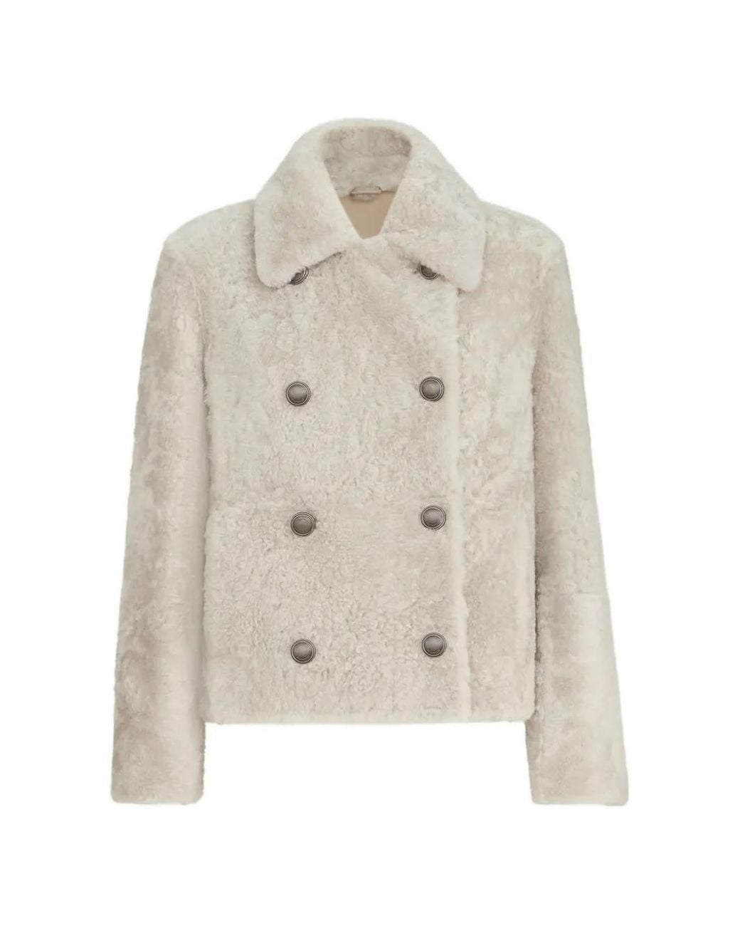 Brunello Cucinelli White Fuzzy Shearling Pea Coat