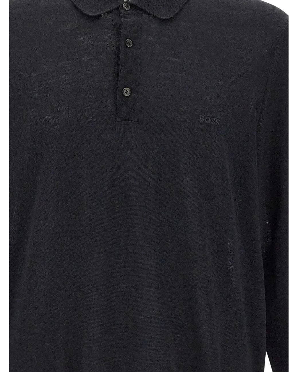Boss Blue Embroidered-Logo Long-Sleeve Polo Shirt for men