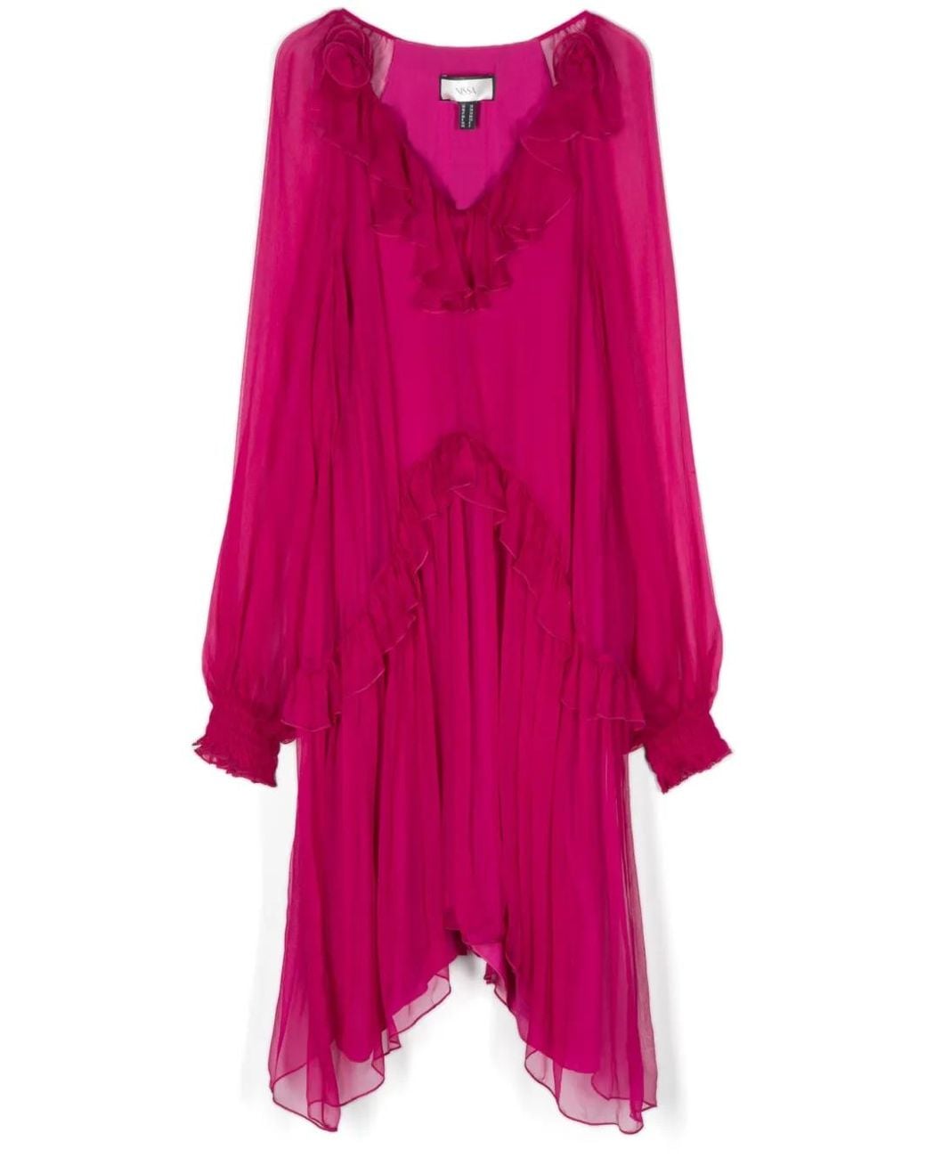 Nissa Pink Floral-Appliqué Silk Midi Dress
