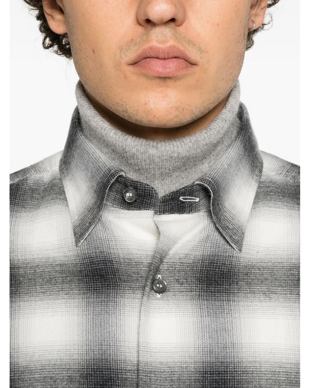 Brioni Gray Check-Pattern Long-Sleeve Shirt for men