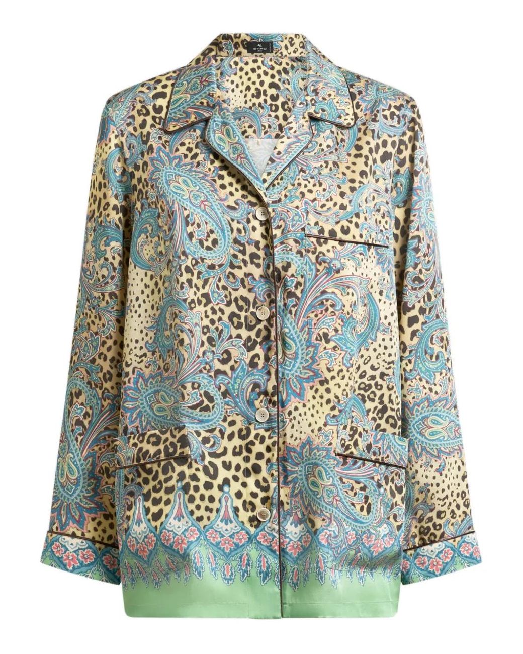 Etro Blue Twill Shirt With Placed Paisley And Animal Print