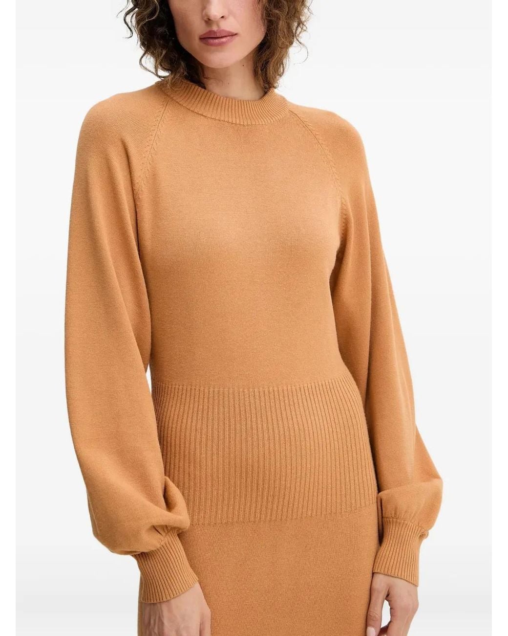 Silvian Heach Orange Ribbed Balloon-Sleeve Midi Dress