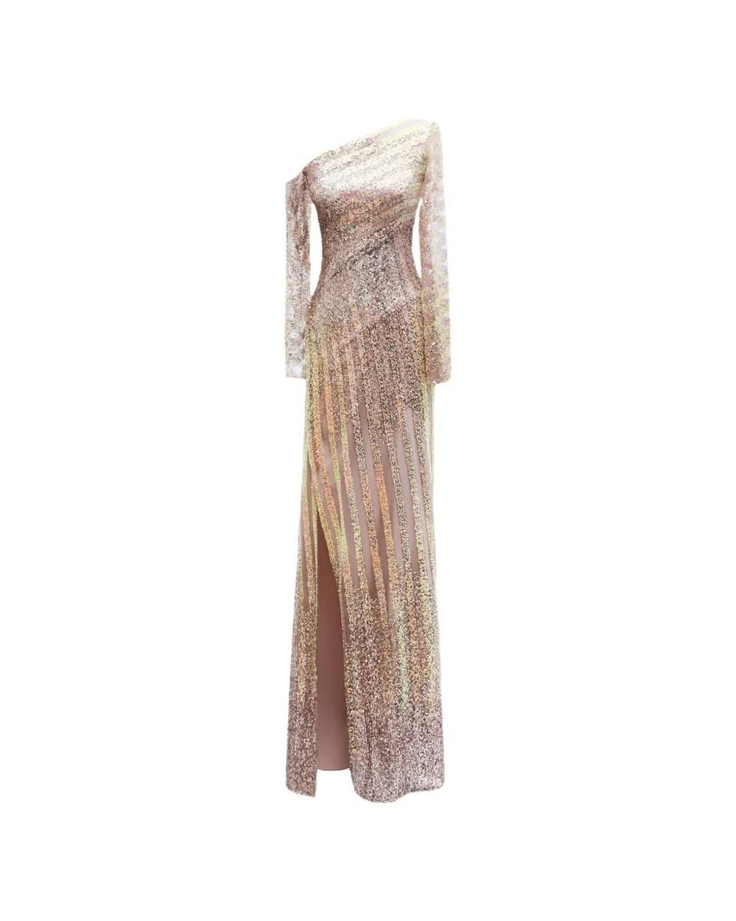 Gemy Maalouf Natural Asymmetrical Beaded Gown