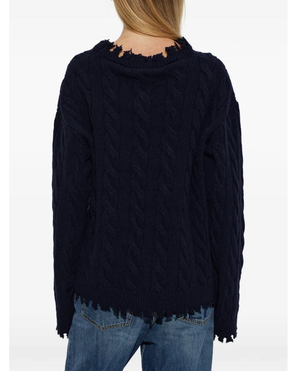 Akep Blue Cable-Knit Distressed Sweater