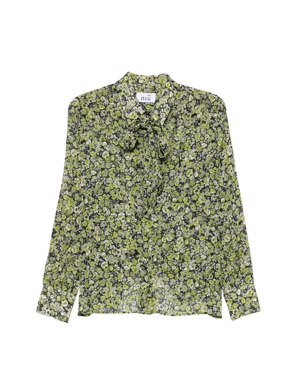 Niu Green Floral-Print Pussy-Bow Blouse
