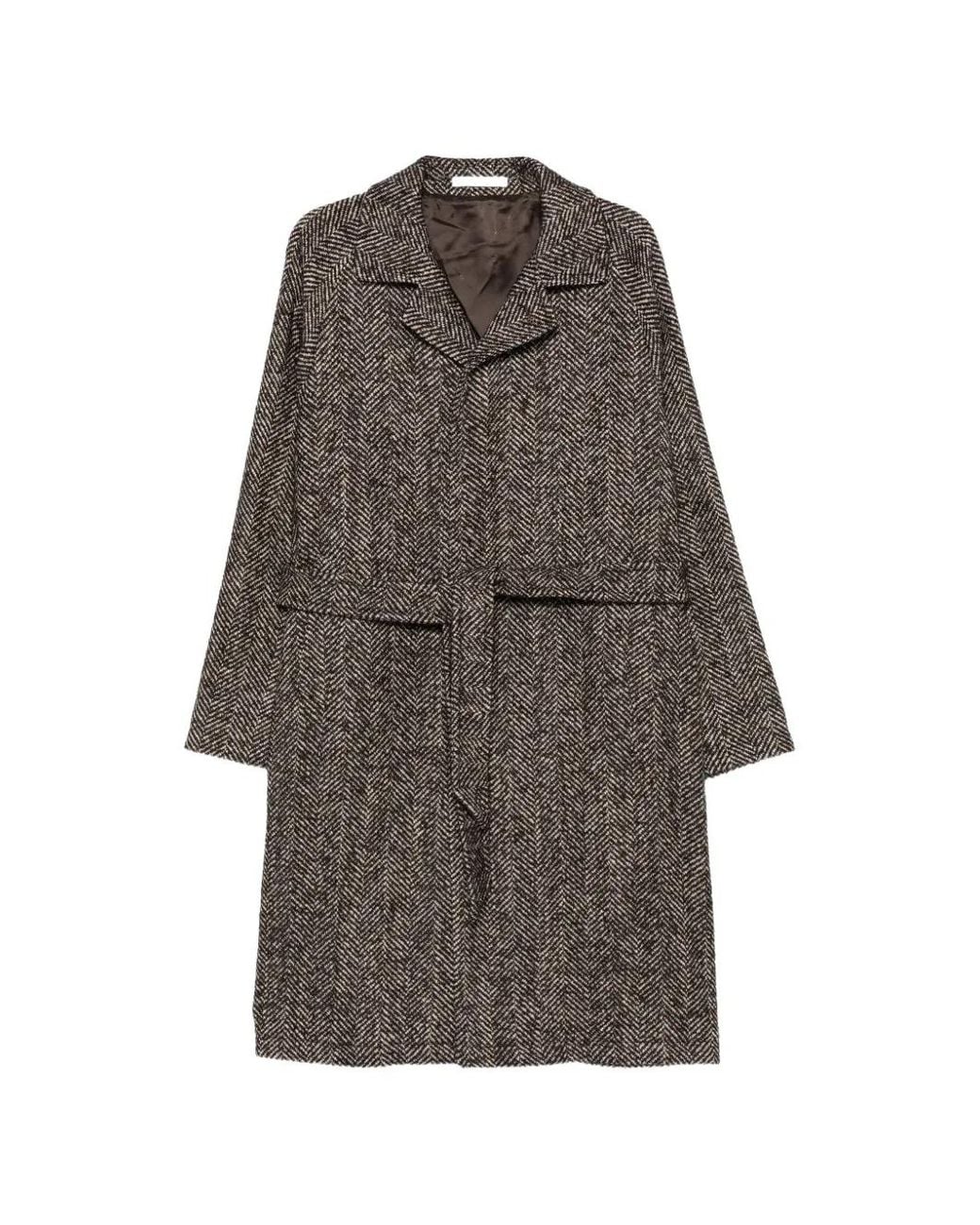 Tagliatore Gray Herringbone-Pattern Belted Coat for men