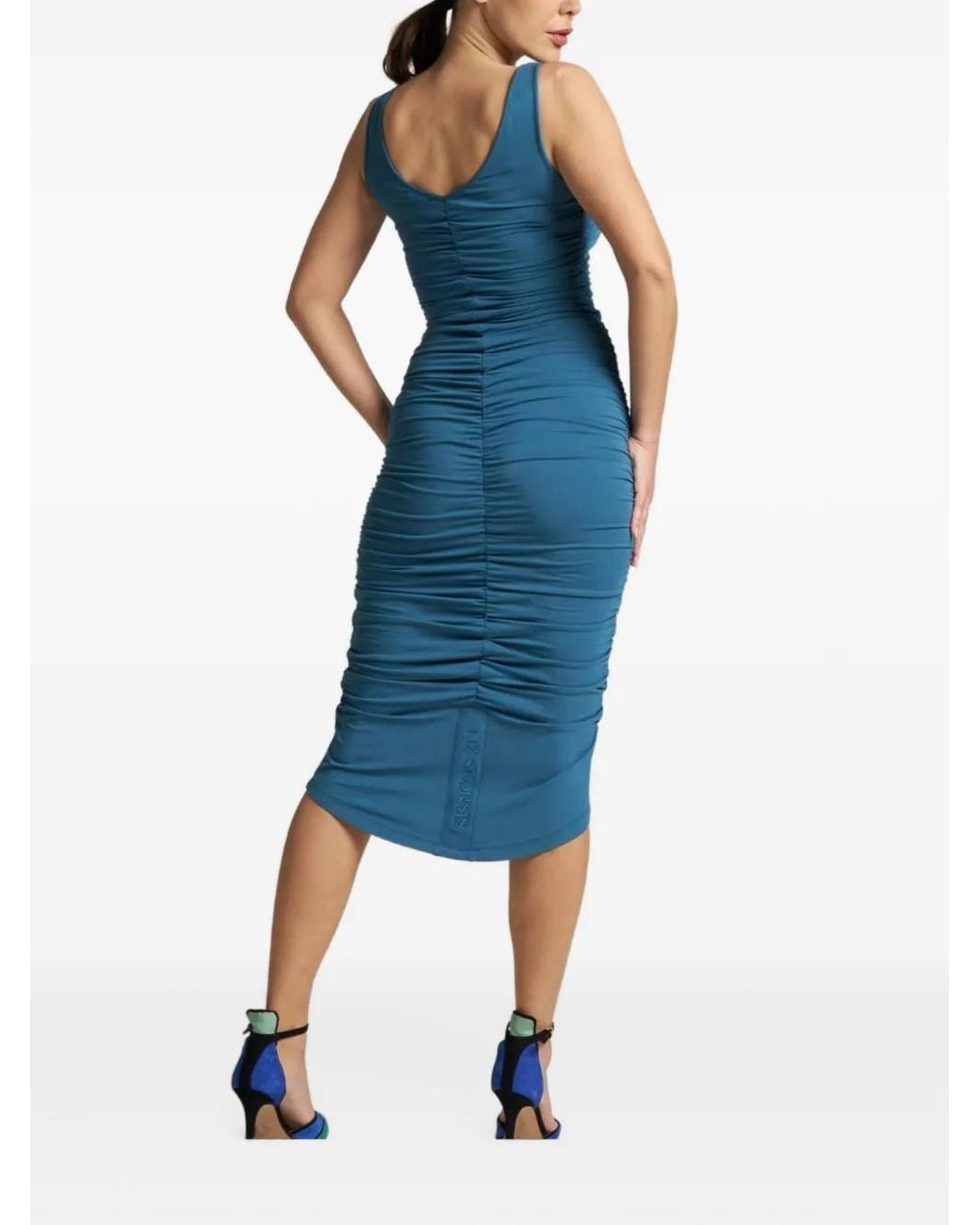LIZ SKORSIS Blue Olera Ruched Fidded Midi Dress