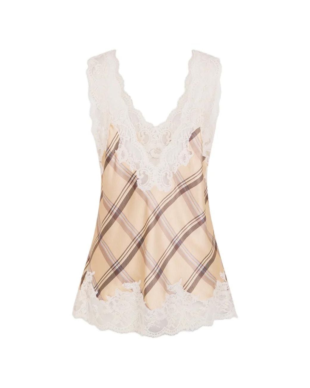 Rabanne White Tartan Print Silk Tank Top With Lace Detailing