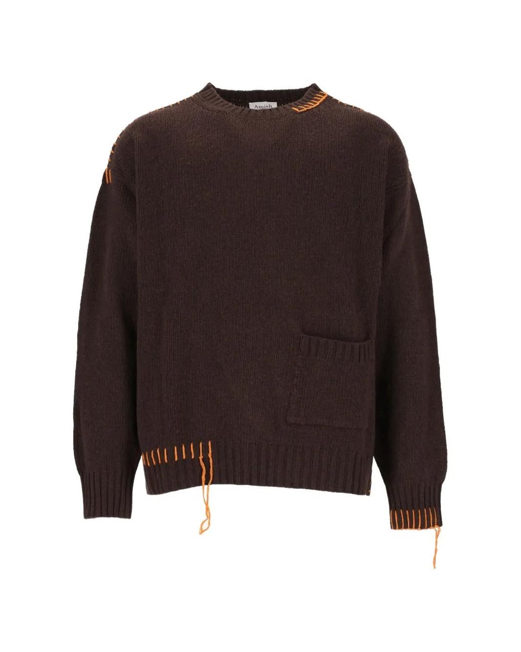 AMISH Brown Contrast-Stitch Patch-Pocket Sweater