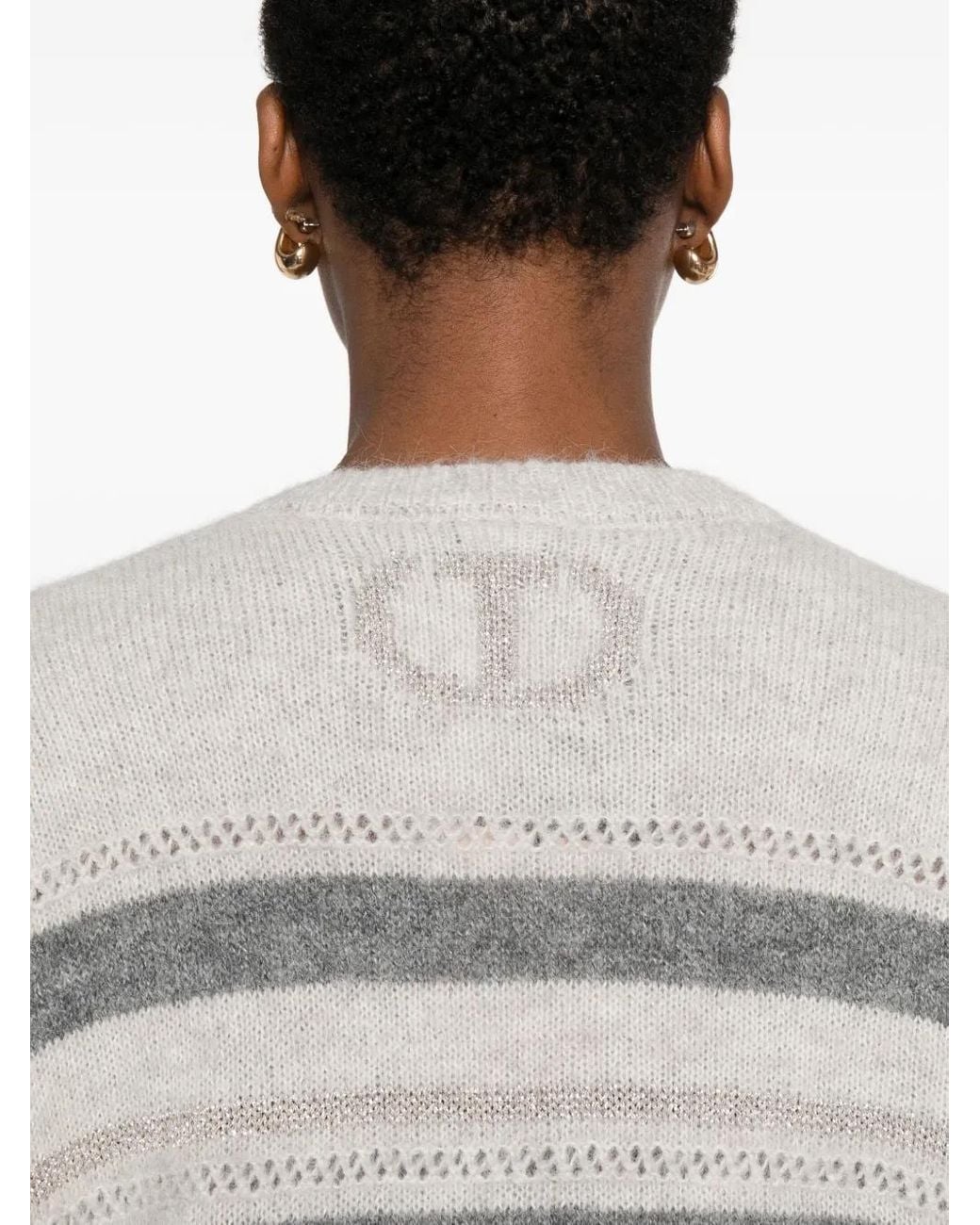 Twinset Gray Striped V-Neck Sweater