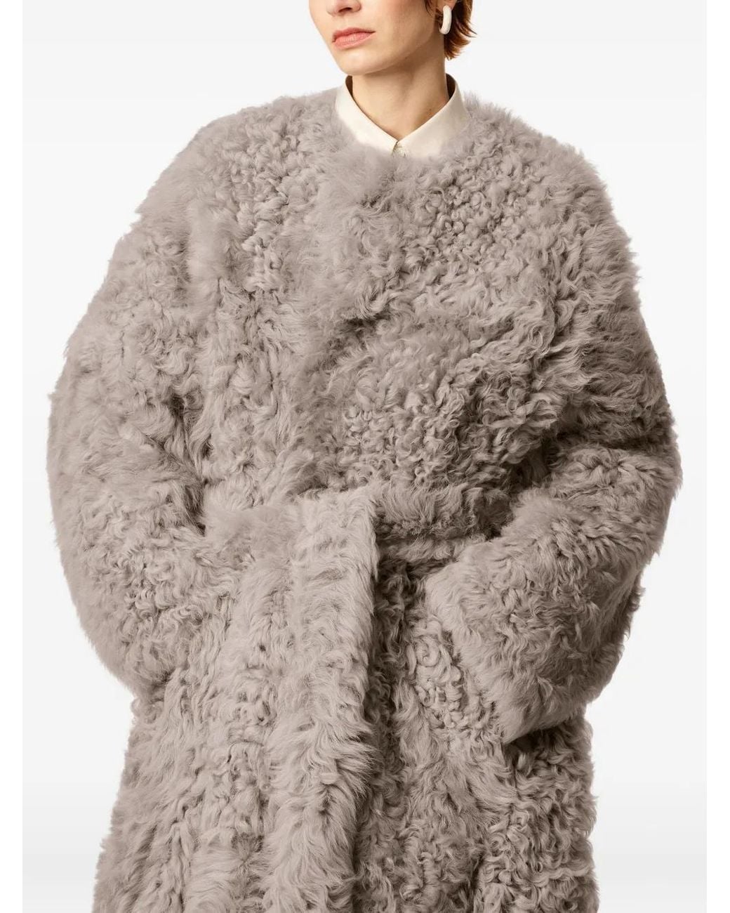 AMI White Shearling Belted Coat