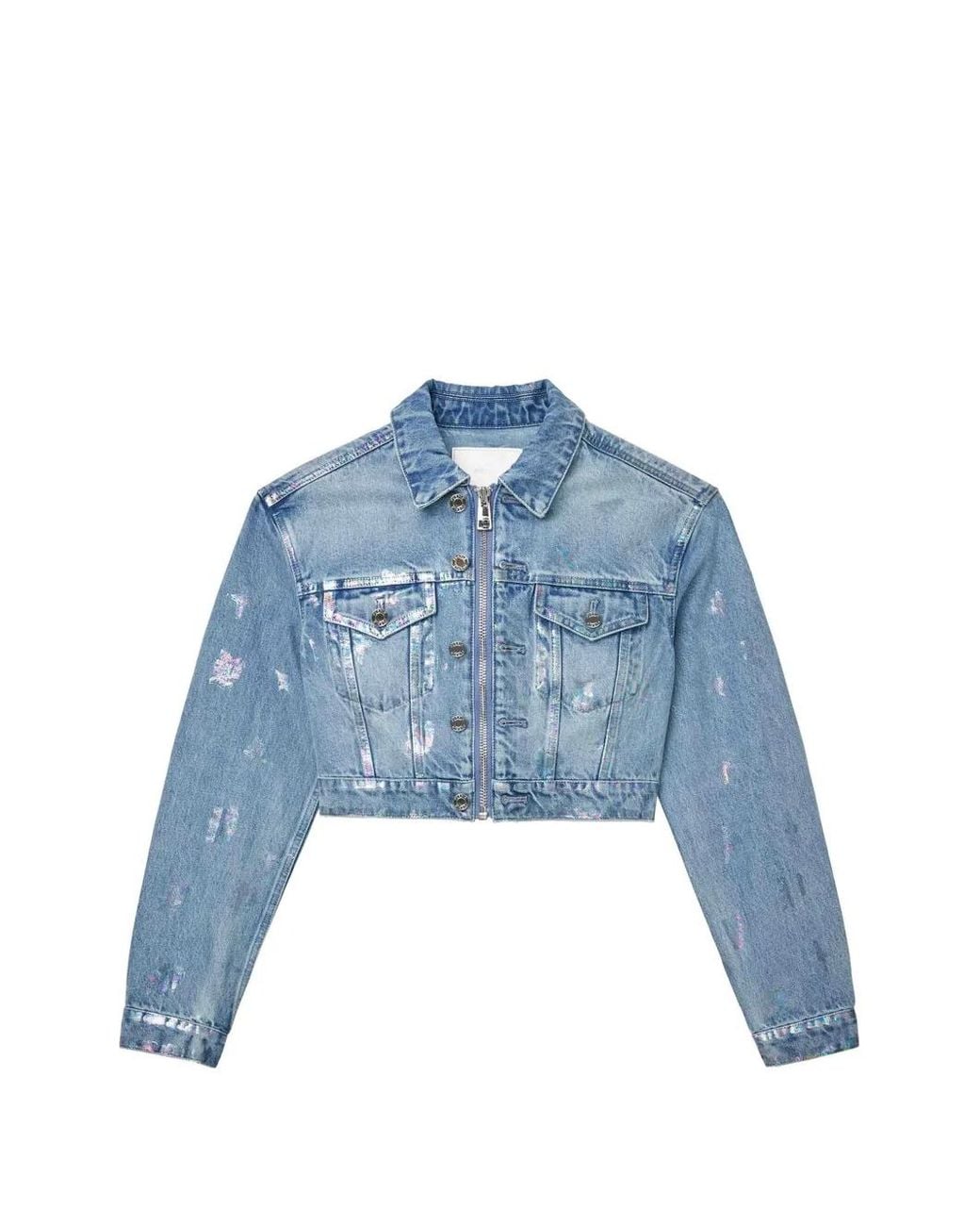 Purple Brand Blue Monogram-Print Cropped Denim Jacket