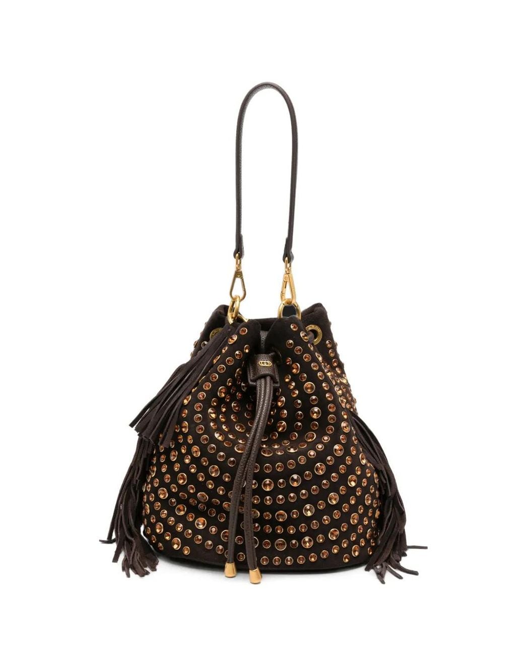 La Carrie Brown Andromeda Studded Fringed Bucket Bag