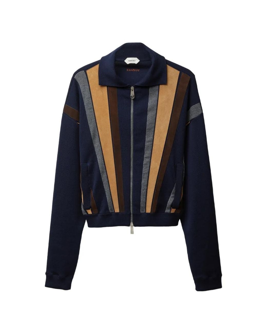 Versace Blue Intarsia Wool & Leather Patchwork Zip Jacket for men