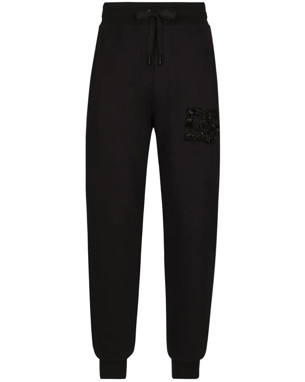 Dolce & Gabbana Black Crystal-Embellished Cotton Track Pants for men