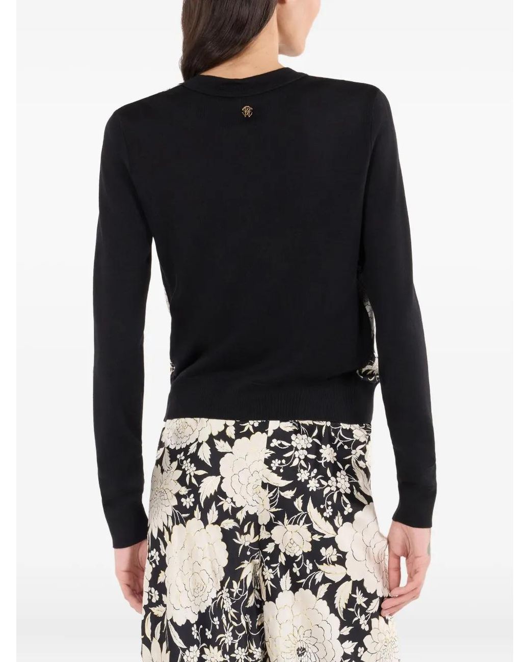 Roberto Cavalli Black Floral-Panel Cardigan