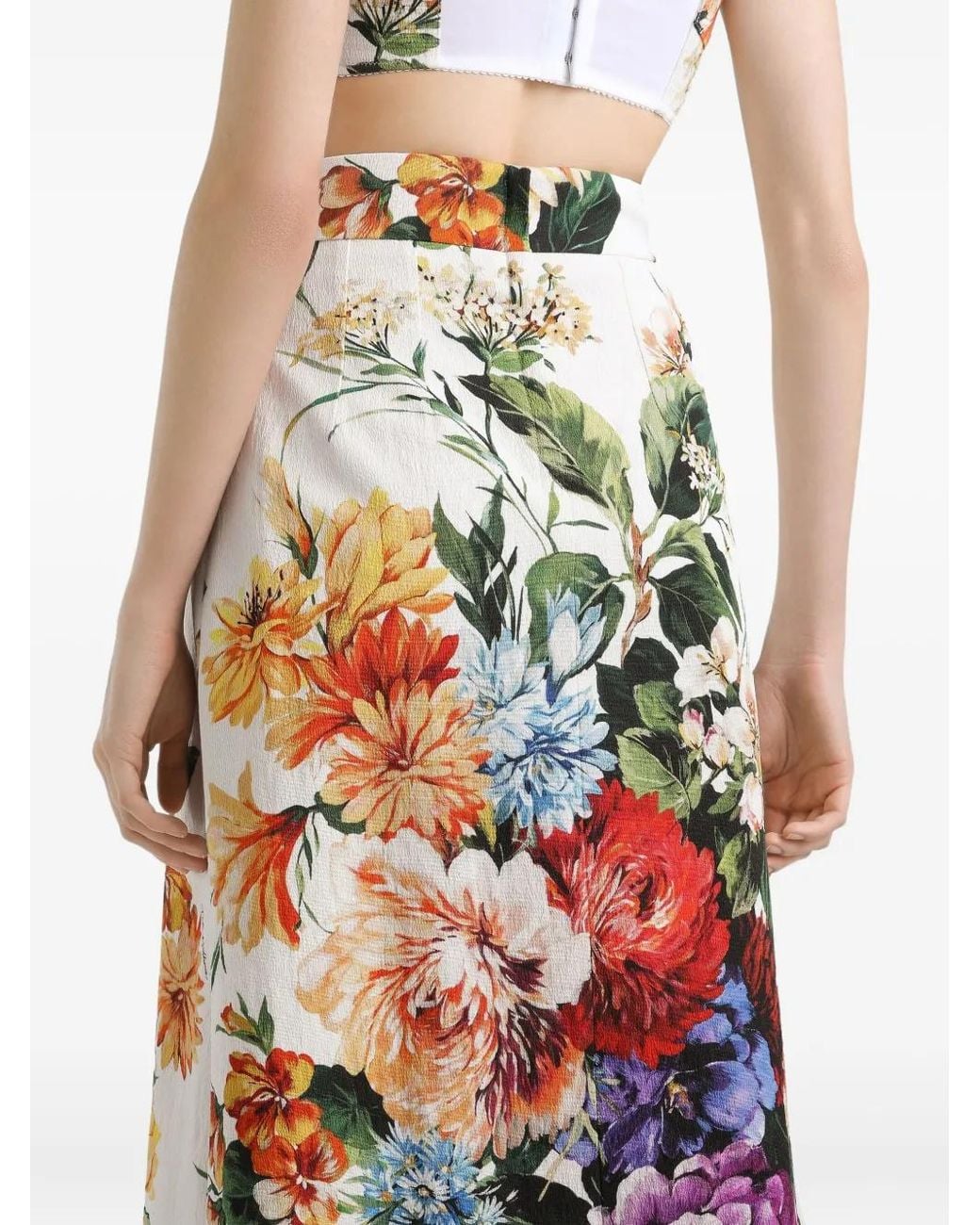 Dolce & Gabbana White Flower Bouquet Print Midi Skirt