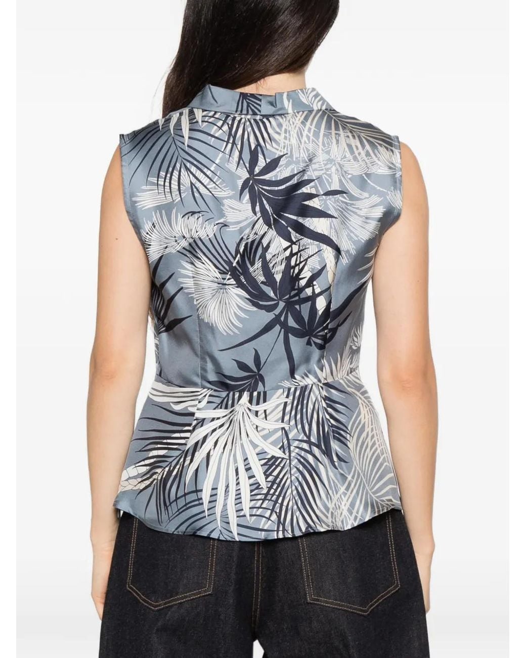 Marella Blue Leaf-Print Silk Top