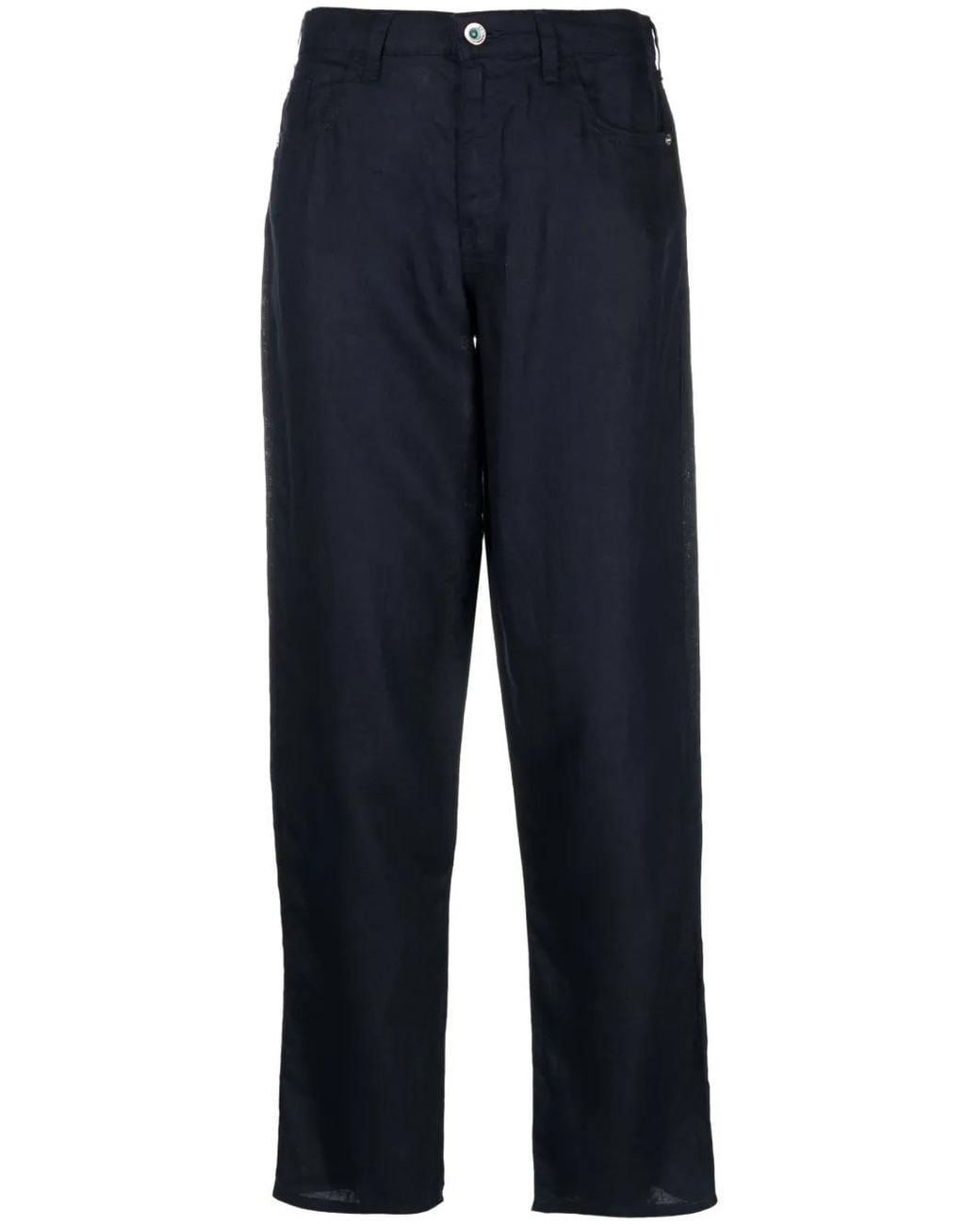 Emporio Armani Blue Straight-Leg Linen Trousers