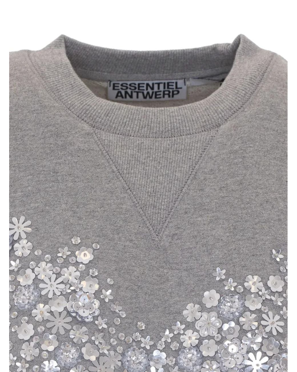 Essentiel Antwerp Gray Sequin-Embellished Floral-Patch Sweatshirt