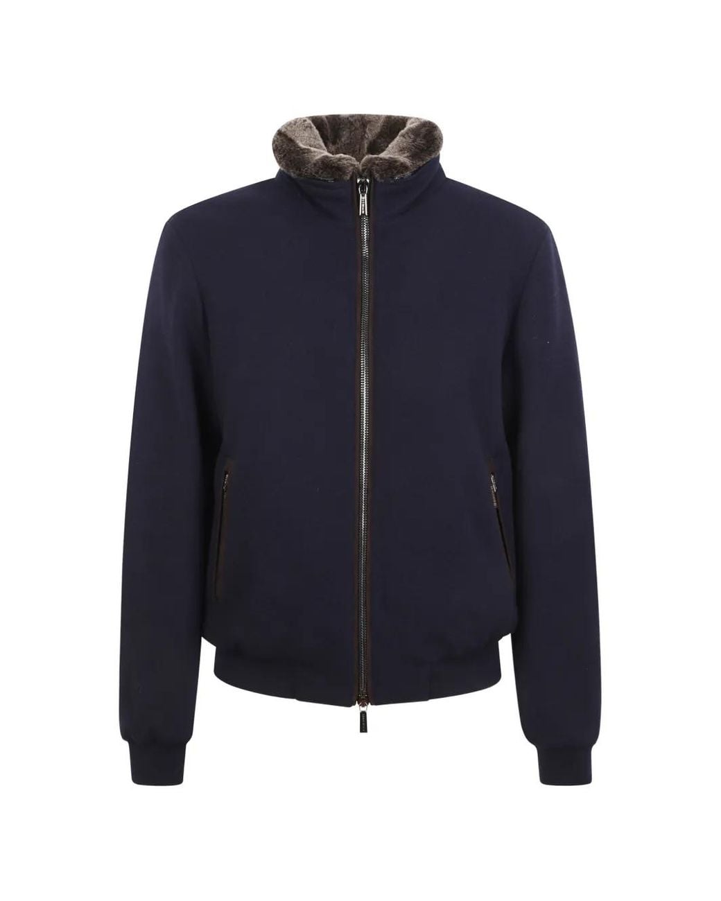 Moorer Blue Fur-Trim Zip-Up Jacket for men