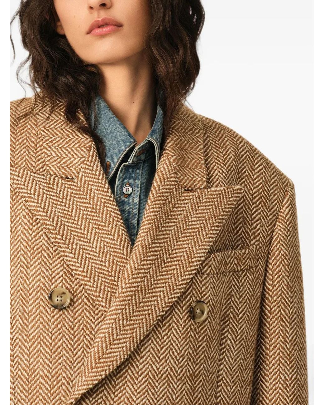 AMI Natural Double Breasted Herringbone Wool Blazer