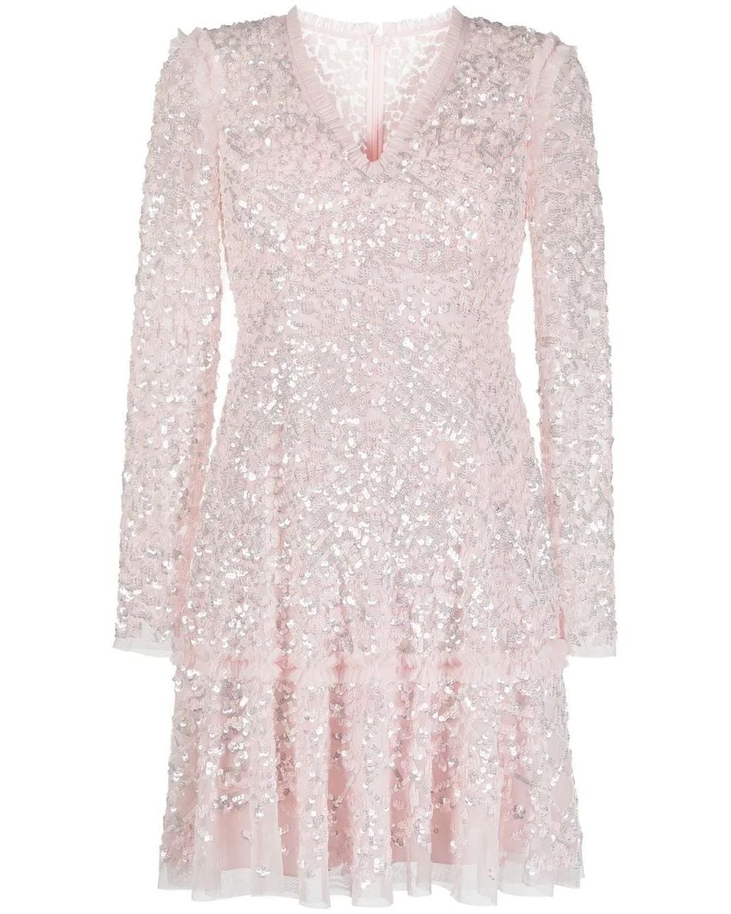 Needle & Thread Pink Sequinned Long-Sleeve Skater Dress