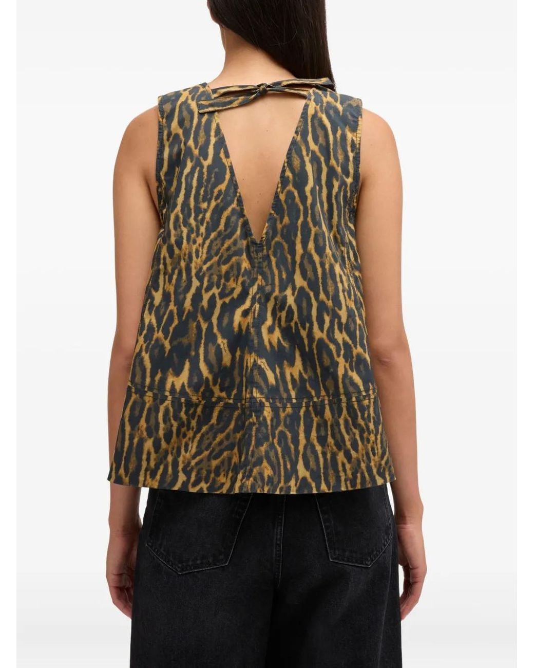 Ganni Green Leopard Cotton A-Line Top