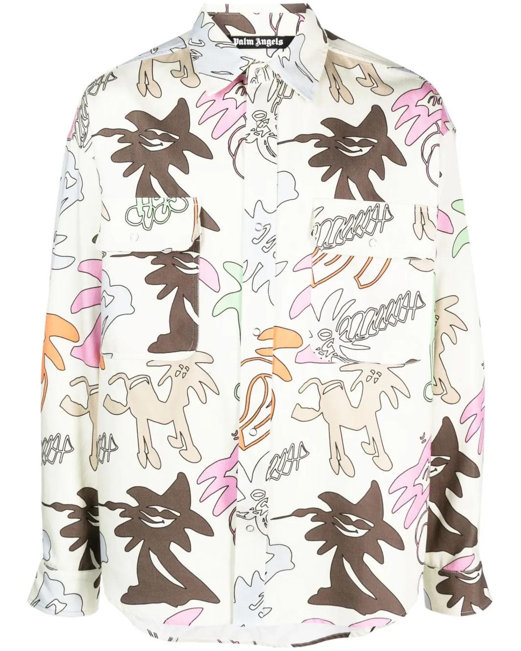 Palm Angels Gray Graphic-Print Long-Sleeve Shirt for men