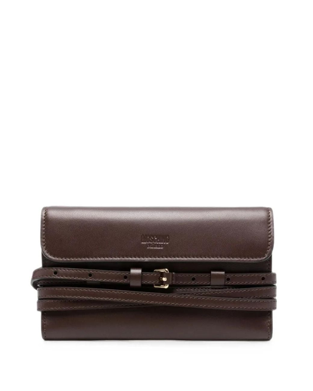 Moschino Brown Buckle-Detail Leather Clutch Bag