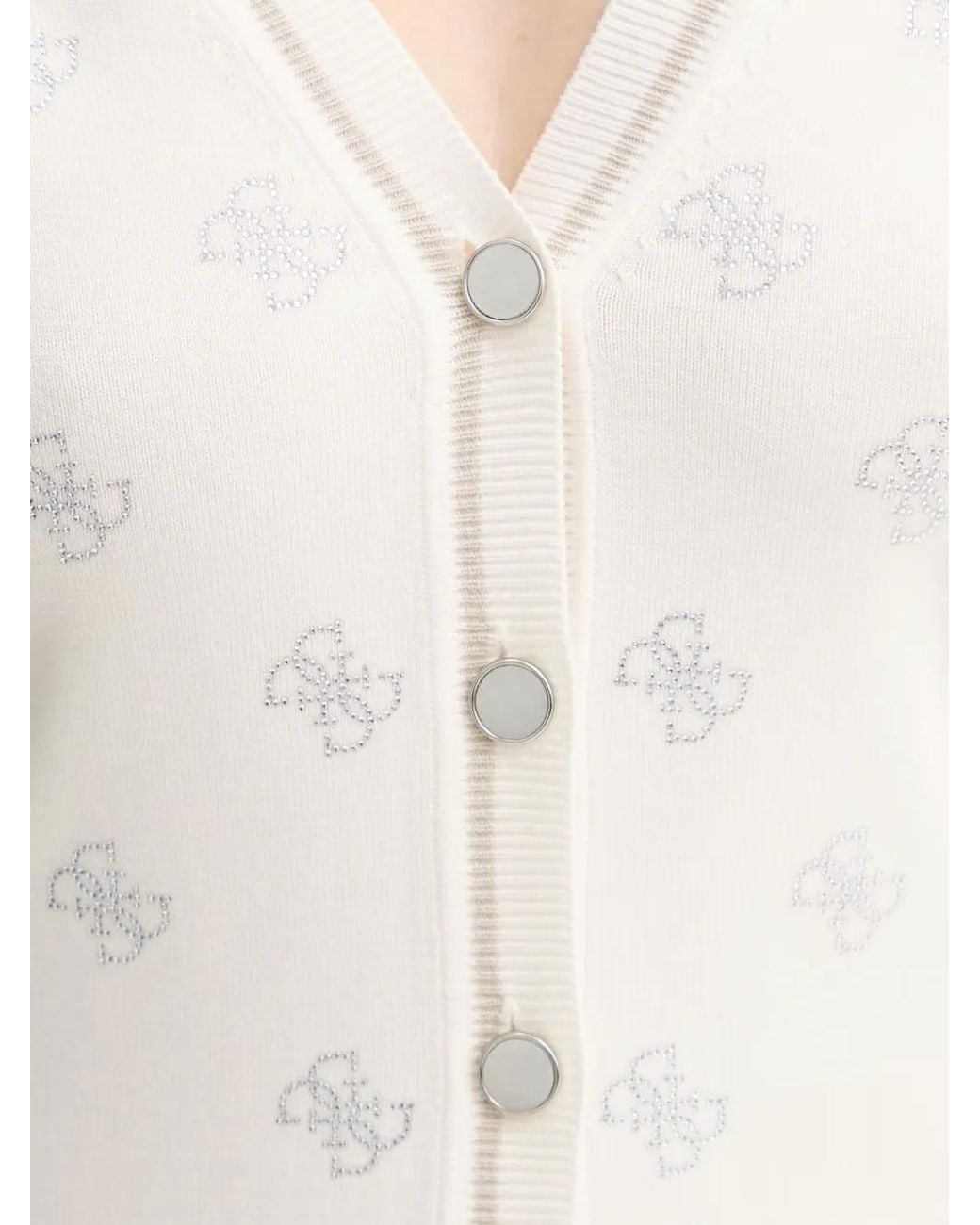 Guess White Crystal-Embellished Logo-Pattern Cardigan