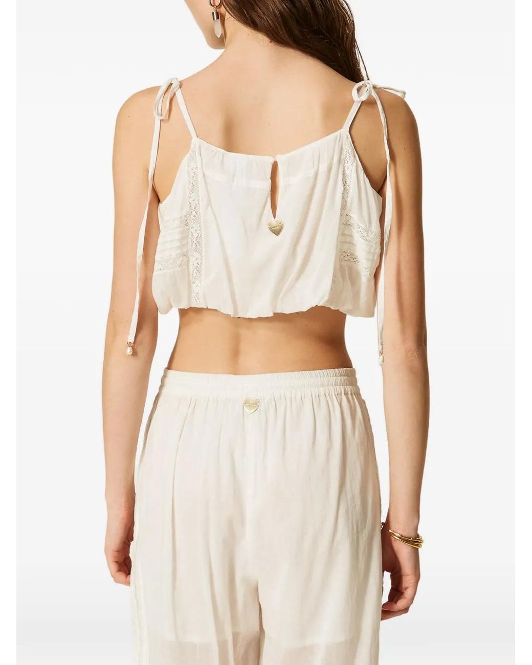 Twinset White Cropped Muslin Top With Lace