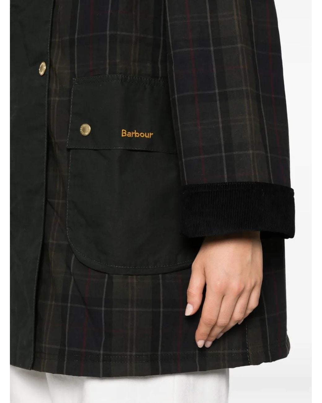 Barbour Black Manteau Elsie À Capuche Et Empiècements Tartan
