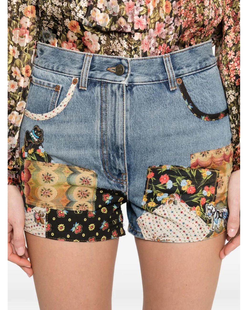 Valentino Garavani Blue Patchwork Beaded-Appliqué Denim Shorts