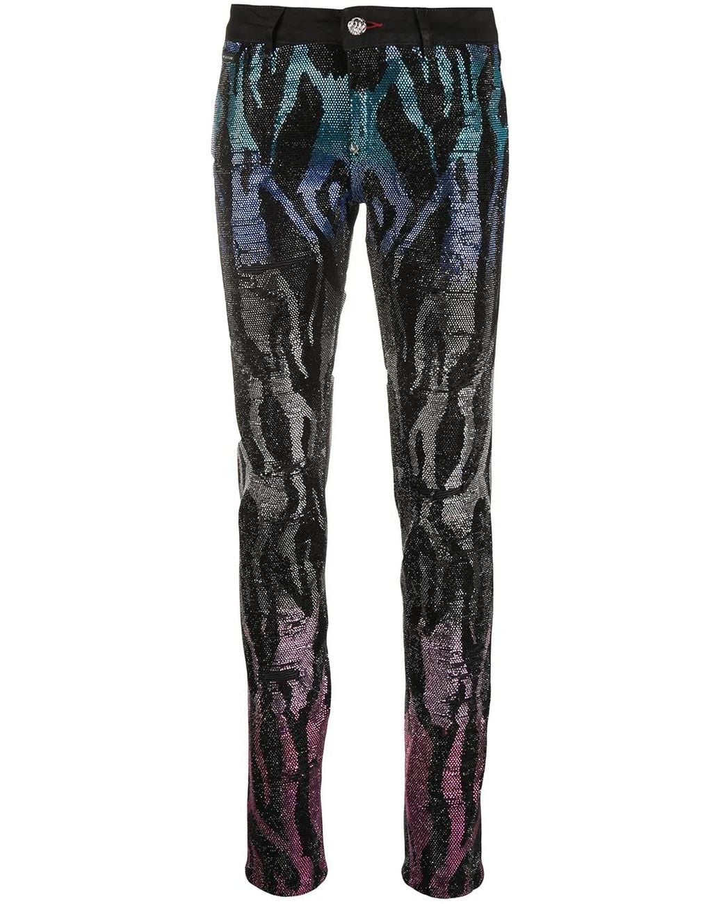 Philipp Plein Blue Embellished Zebra Pattern Jeggings