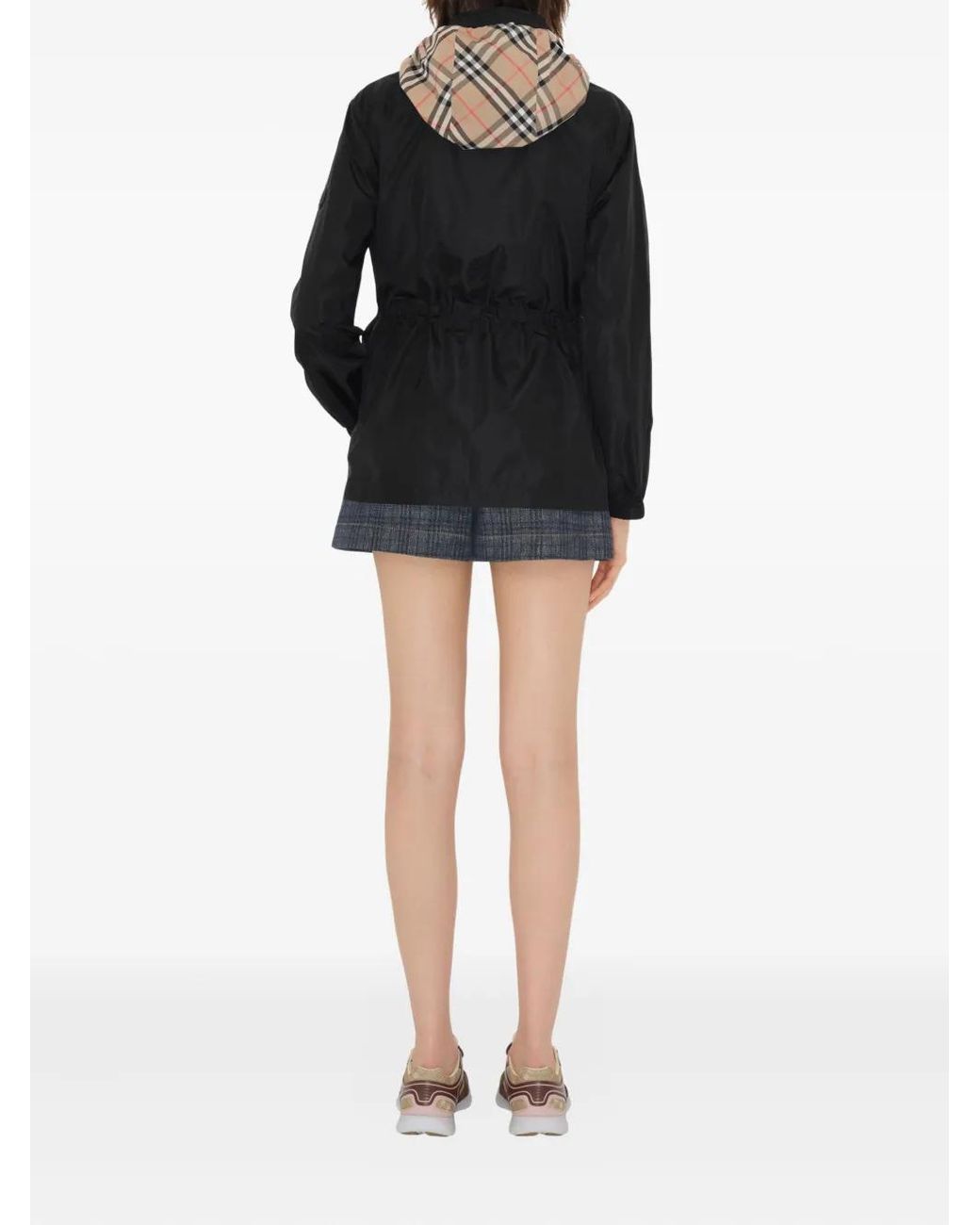 Burberry Zwarte Verborgen Capuchon Jas Check Detail in het Black