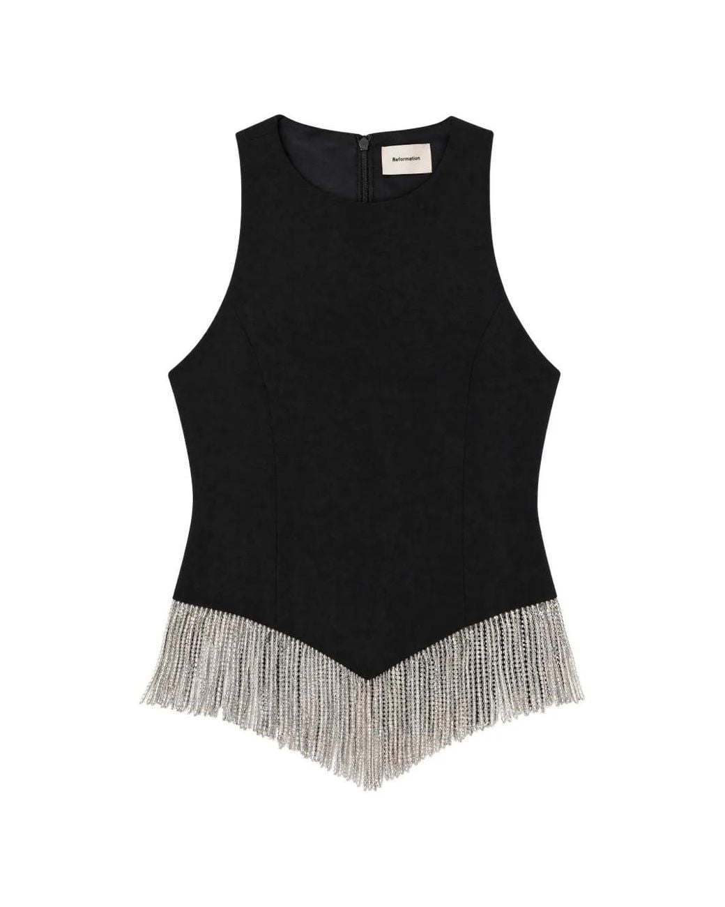 Reformation Black Sovina Crystal-Fringe Sleeveless Top