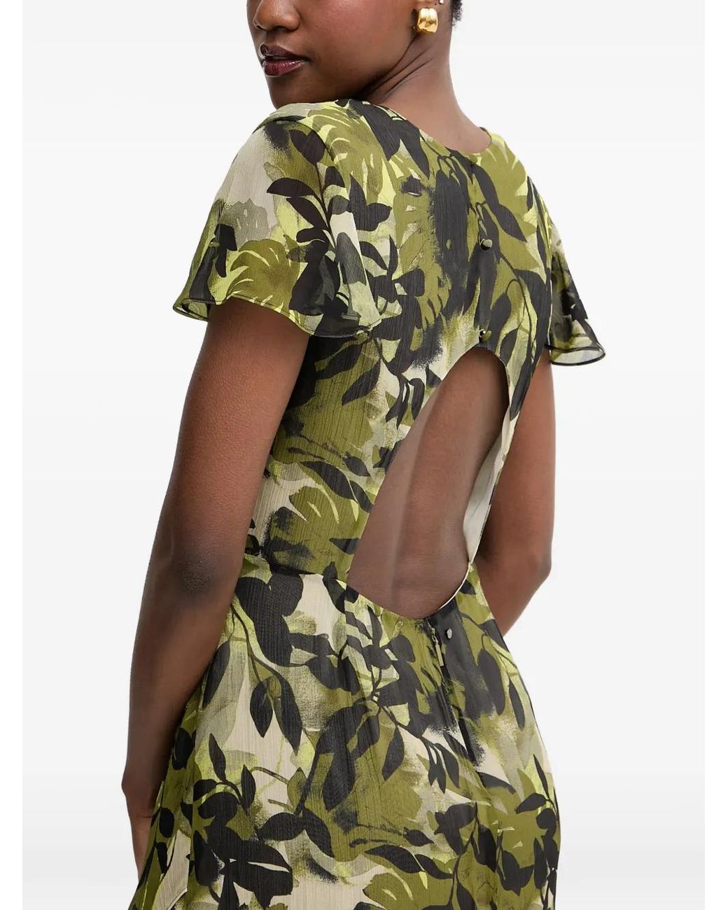 ARMANI EXCHANGE Green Leaf-Print Cut-Out Midi Dress