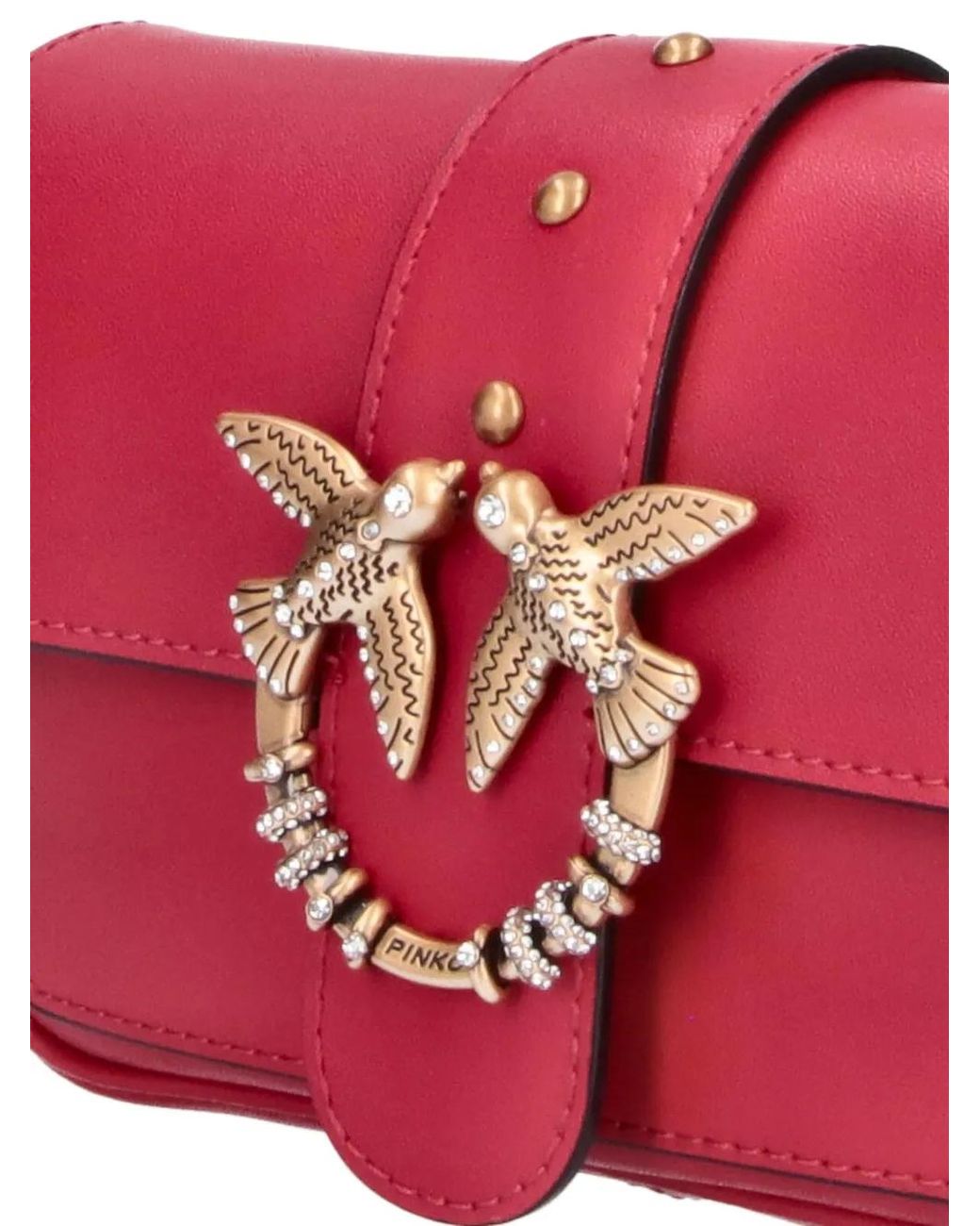 Pinko Red Love Bag Pocket Small Leather Shoulder Bag With Jewel Buckle