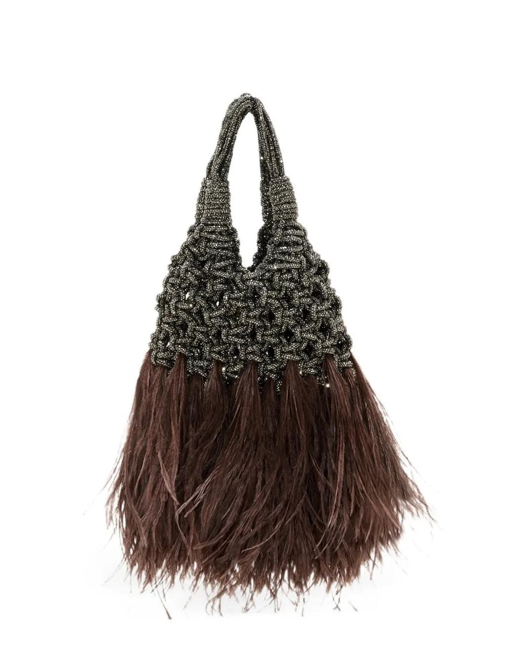 HIBOURAMA Brown Mini Cabas Vannifique Plumes