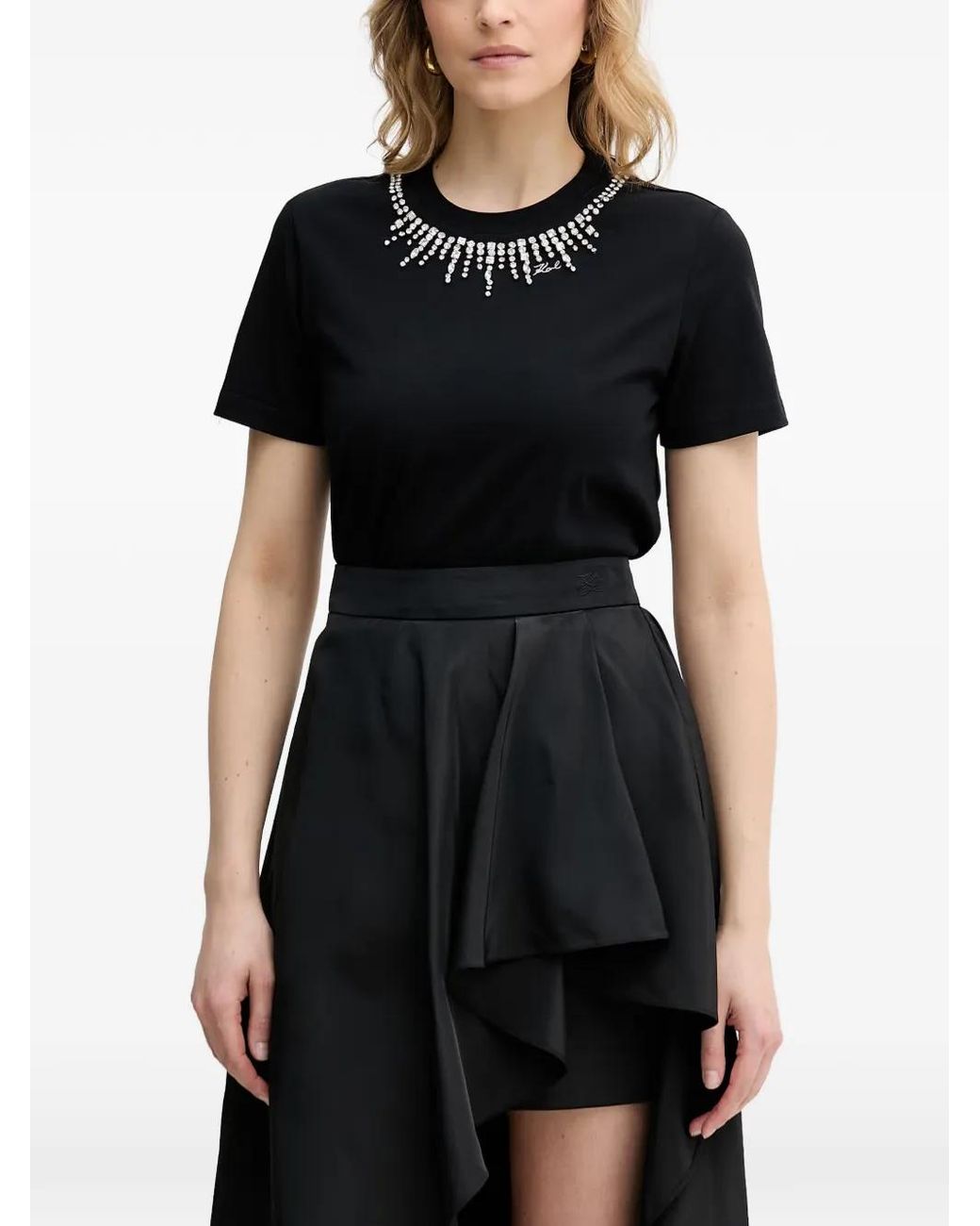 Karl Lagerfeld Black T-Shirt Orné De Cristaux À Logo