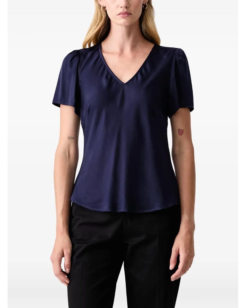Fracomina Blue V-Neck Puff-Sleeve Blouse