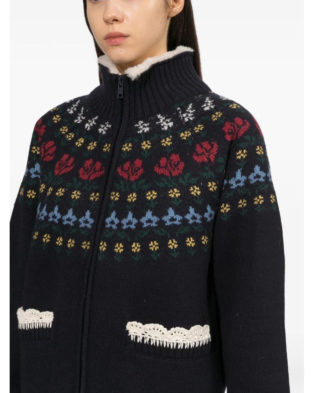 Sea Black Fair Isle-Knit Shearling-Collar Jacket