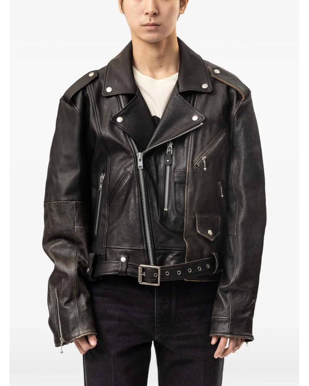 Protocol Index Black Reconstructed Biker Leather Jacket for men